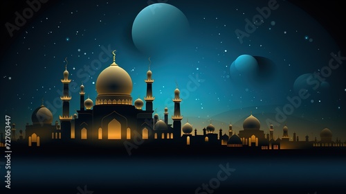  illustration of fantastic religious eid background with mosque and moon, generative ai,