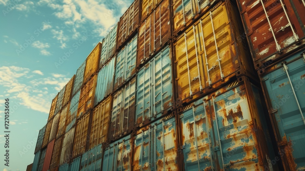 Fototapeta premium Vibrant and weathered containers piled up, offering a unique mix of colors and rust.