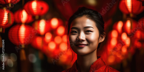 Young beauty asian woman standing under red Chinese lanterns, smiling and looking to camera, blurred background