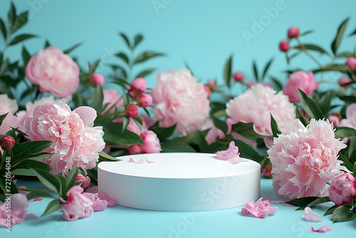 Round podium, platform, stand for beauty product presentation. Spring beautiful peonies flowers around on background. 