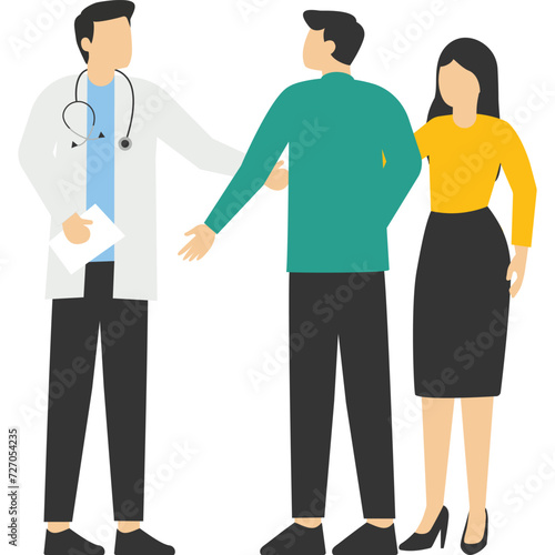 Male and female doctor talking with patients. Healthcare services, Ask a doctor. Therapist in uniform with a stethoscope. Gynecologist and urologist, medical team concept. Medical clinic staff.

