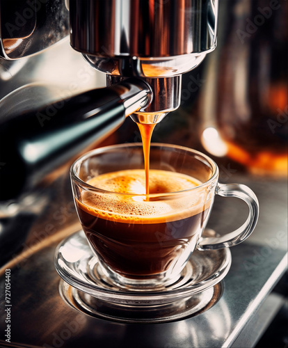 Espresso machine brewing a coffee, close up of coffee pouring into small mug, copy space