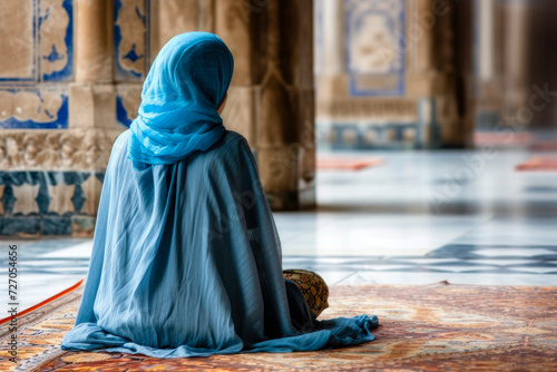 Prayer, islam and worship with woman in mosque, holy quran and spirituality. Praying, woman in Muslim traditions praying for faith, care and Ramadan kareem.