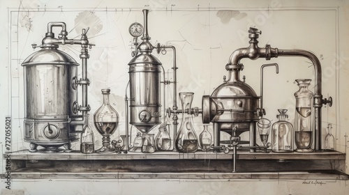 Conceptual sketches of industrial machinery depicted on paper.