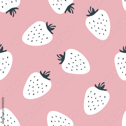 Cute seamless pattern with white strawberries and pink background