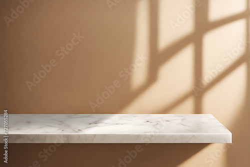 Blurred light shadow from windows on the light empty marble table stage, Minimal abstract background for product presentation.