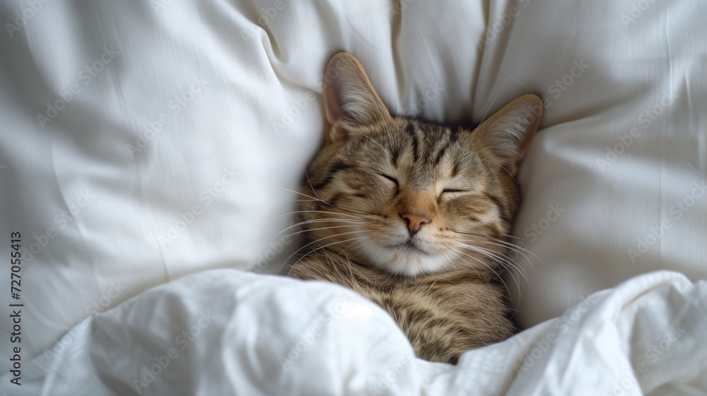 Sleeping cat on a bed near a sunny window, tabby cat lying on bed, generative ai