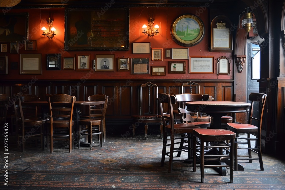 Empty Irish pub. Temple Bar is a famous landmark in Dublins cultural quarter visited by thousands of tourists every year. Inside of the Temple Bar in the center of the Irish capital