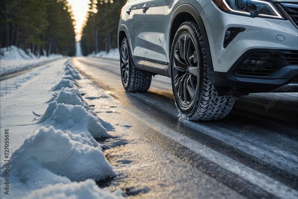 Winter roads. Car on snow road. Closeup of winter tires on snowy road with forest background