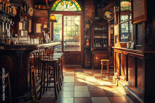 Empty Irish pub. Temple Bar is a famous landmark in Dublins cultural quarter visited by thousands of tourists every year. Inside of the Temple Bar in the center of the Irish capital © Irina Schmidt