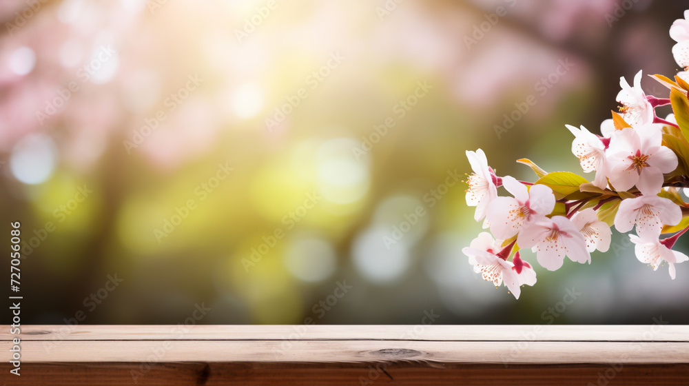Empty wooden table, branch of flower blossom and green blurred bokeh background. Wide panorama spring backdrop to use for invitation, social media banner, cards or show product. Empty wooden table, branch of flower blossom and green blurred bokeh background. Wide panorama spring backdrop to use for invitation, social media banner, cards or show product.