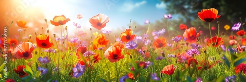 Vivid Floral Field Against a Sunny Background. Made with Generative AI Technology © mafizul_islam
