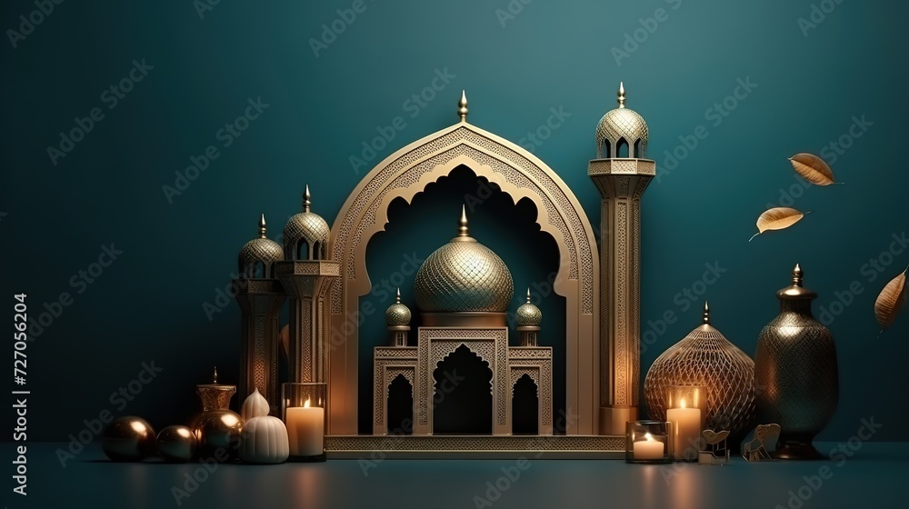 3d rendering image of ramadan and eid fitr theme greeting background with islamic decoration objects, generative ai, 
