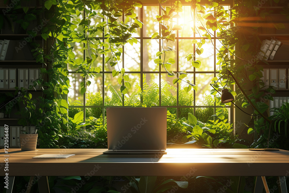Modern home office with greenery and lots of green plants. Work life balance concept. Enjoying working from an atmospheric home office full of green plants. Modern home office with greenery and lots of green plants. Work life balance concept. Enjoying working from an atmospheric home office full of green plants.