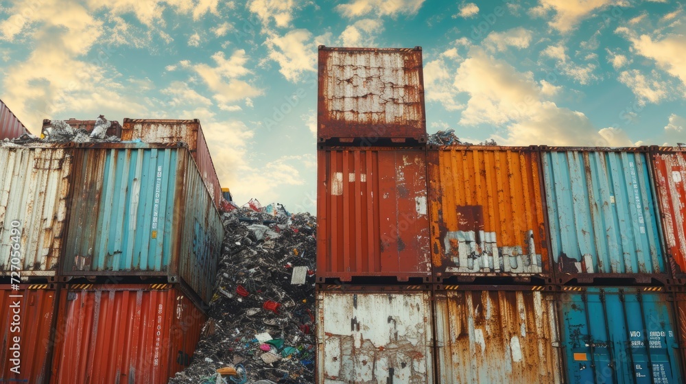 Fototapeta premium Colorful containers stacked together, displaying a charming blend of hues alongside rustic textures.