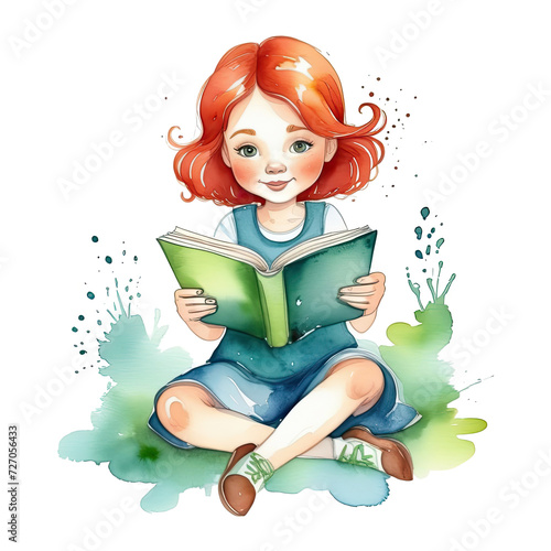 cartoon character little redhead girl reading the book, illustration for children in a watercolor style, isolated on white transparent background