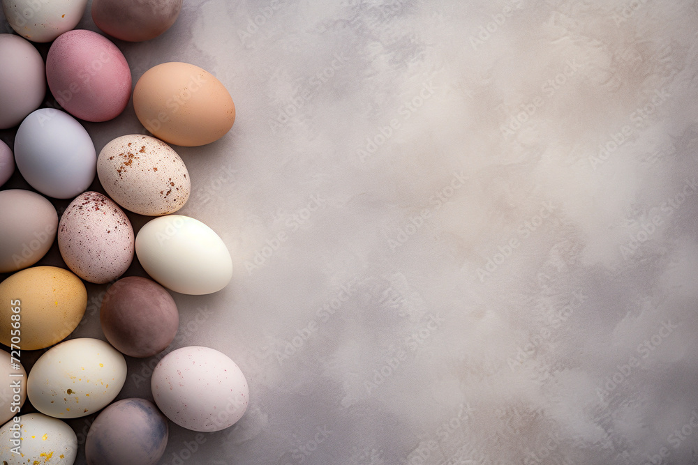 Happy Easter celebration. Flatlay banner with colorful eggs. Soft muted pastel colors, neutral marbled background with copy space and place for text. Holiday concept. Greeting, invitation card.