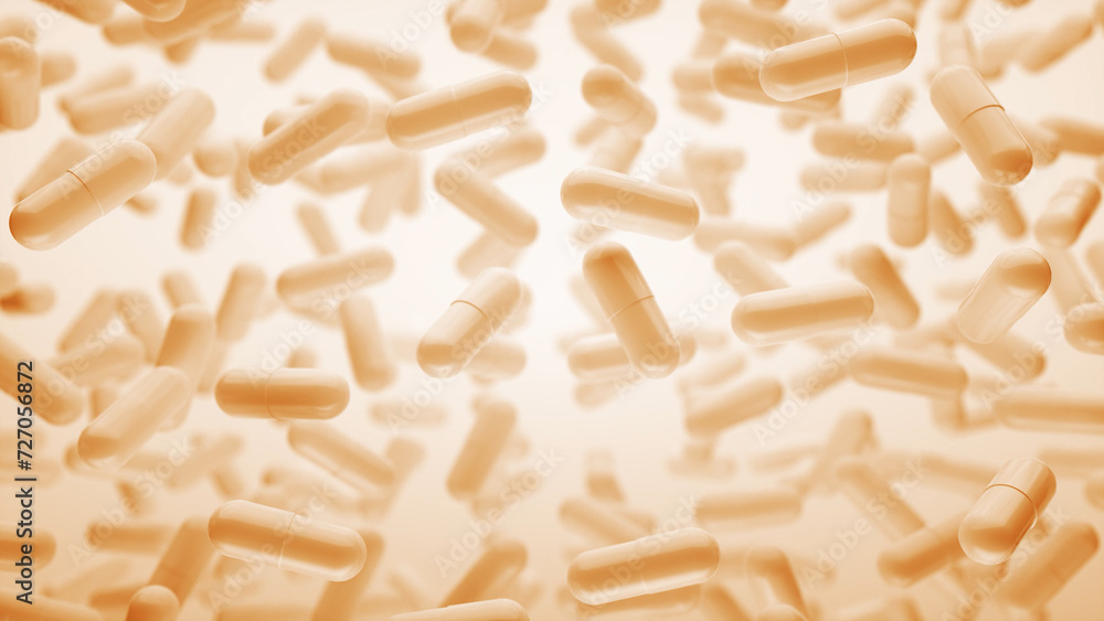 Orange 3D background with slowly floating capsules. Smoothly floating and colliding pills and capsules. Medical capsule with biomedical concept. Colorful Neon Light. 3d rendering Orange 3D background with slowly floating capsules. Smoothly floating and colliding pills and capsules. Medical capsule with biomedical concept. Colorful Neon Light. 3d rendering