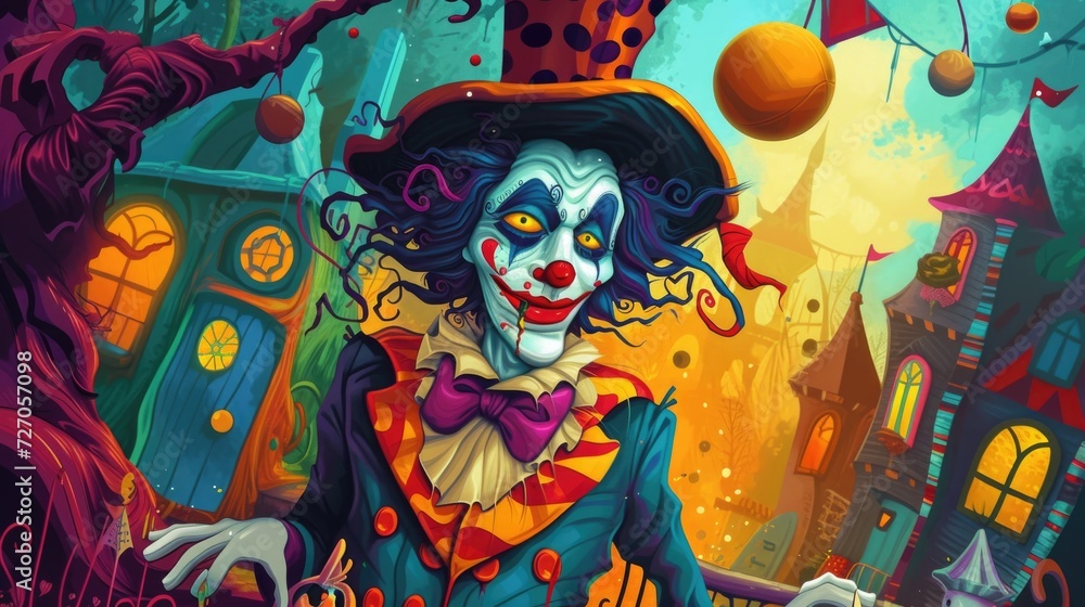 A colorful clown in a fantastical setting with quirky elements and vibrant hues, April Fools' Day