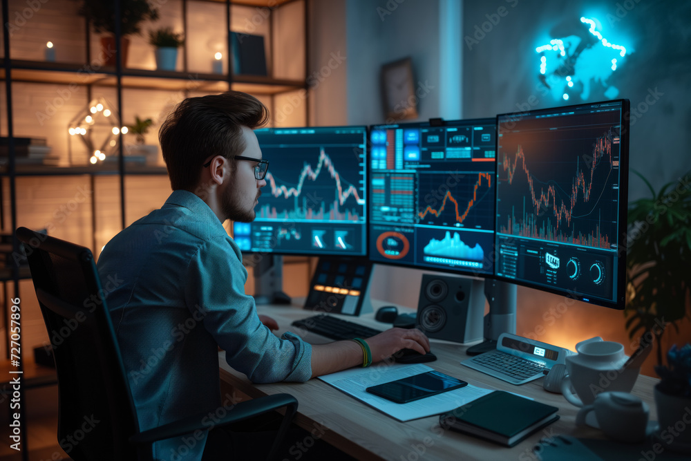 Trader Analyzing Multiple Financial Charts. Focused male trader studying financial data on multiple computer screens in a dark office. Trader Analyzing Multiple Financial Charts. Focused male trader studying financial data on multiple computer screens in a dark office.