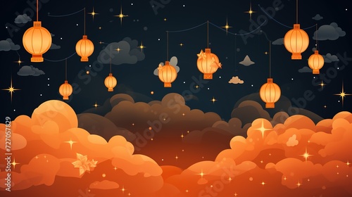 Illustration vector of lanterns,stars and cloud with orange background.Perfect for design banner,backdrop and animation, generative ai,  © curek