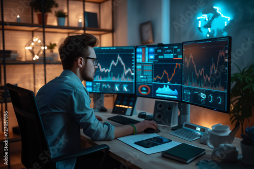 Trader Analyzing Multiple Financial Charts. Focused male trader studying financial data on multiple computer screens in a dark office.