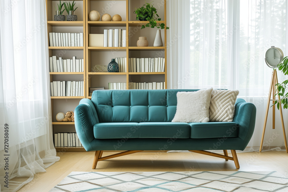 Fototapeta premium Bright Living Room with Teal Sofa and Plants. Bright and airy living room with a stylish teal sofa, woven pouffe, and a selection of green indoor plants, creating a fresh and welcoming space.