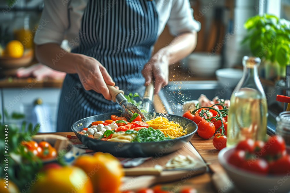 Culinary Artist at Work. Chef garnishing pasta dish with flair in vibrant kitchen.