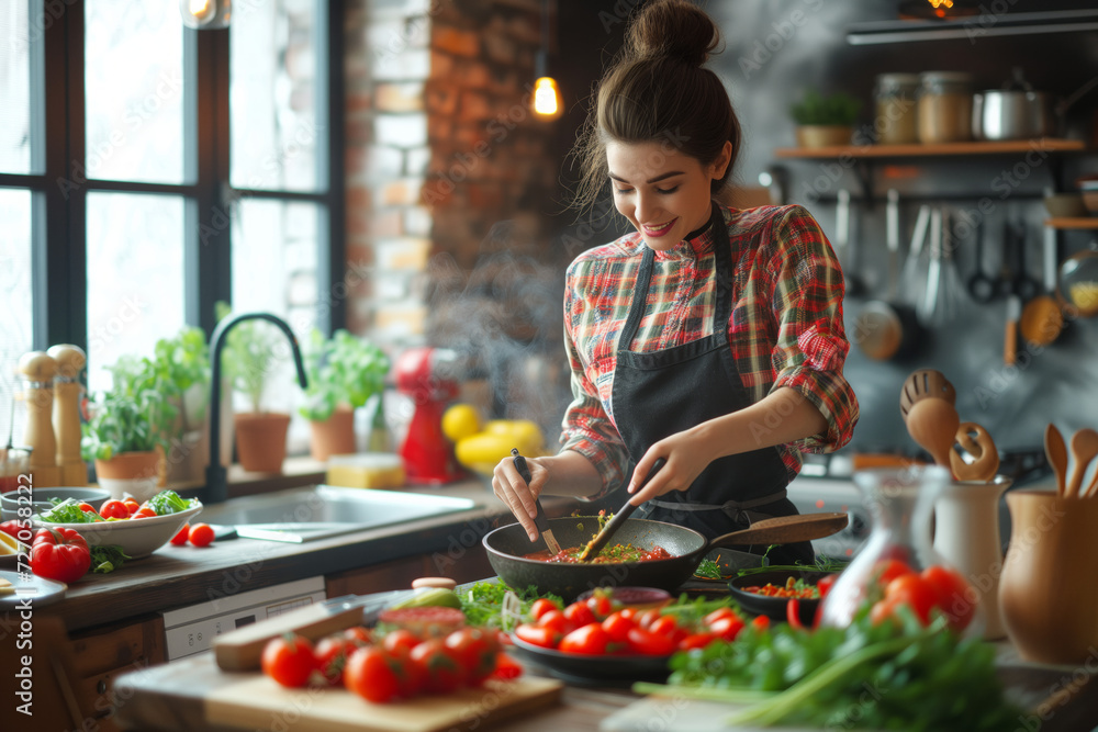 Young Woman Enjoying Cooking with Fresh Vegetables. A joyful woman preparing a healthy vegetable meal in a rustic home kitchen filled with natural light and fresh ingredients.