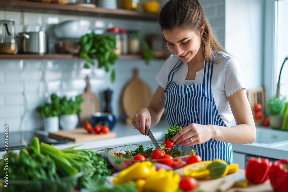 Joyful Kitchen Creation. Young woman joyfully preparing salad in a sunny home kitchen.