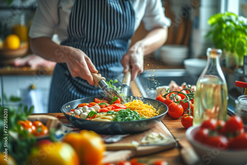 Culinary Artist at Work. Chef garnishing pasta dish with flair in vibrant kitchen.