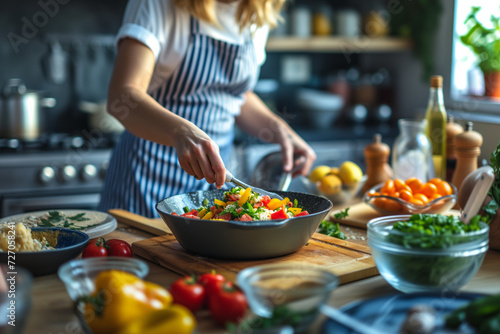 Home Cooking Fresh Vegetables Stir Fry. Home chef preparing a colorful stir fry with fresh vegetables in a well-equipped kitchen  embodying healthy lifestyle choices.