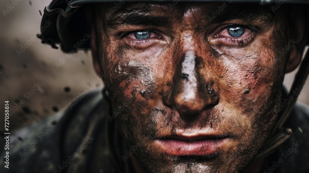 The emotional impact of war on a soldier's face, showcasing the untold stories and sacrifices made on the frontline.