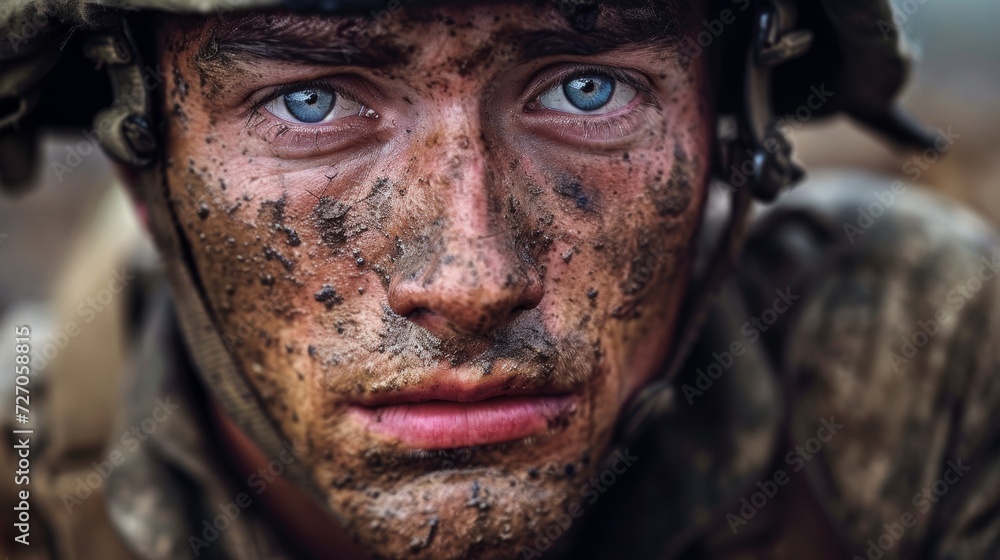 The emotional impact of war on a soldier's face, showcasing the untold stories and sacrifices made on the frontline. The emotional impact of war on a soldier's face, showcasing the untold stories and sacrifices made on the frontline.