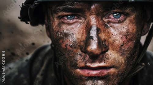 The emotional impact of war on a soldier's face, showcasing the untold stories and sacrifices made on the frontline.