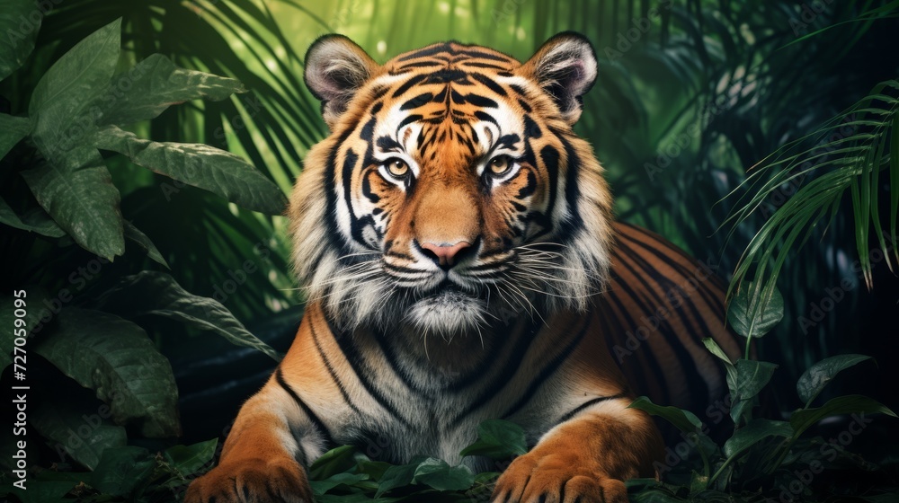 Portrait of a bold tiger against a tangled jungle backdrop. Portrait of a bold tiger against a tangled jungle backdrop.