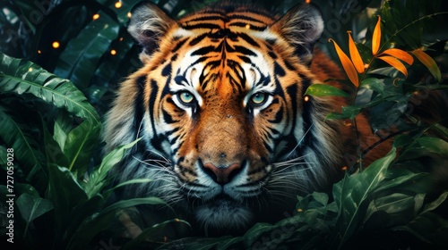 Portrait of a bold tiger against a tangled jungle backdrop.