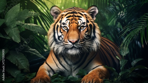 Portrait of a bold tiger against a tangled jungle backdrop. © AIExplosion