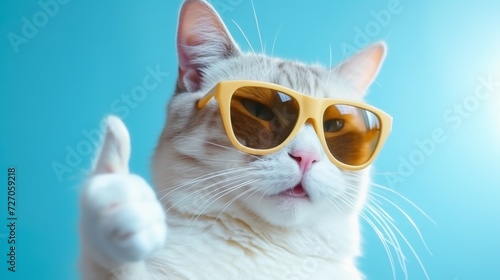 Cat wearing sunglasses and giving thumb up. Adorable pet illustration. photo