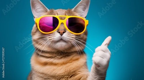 Cat wearing sunglasses and giving thumb up. Adorable pet illustration.