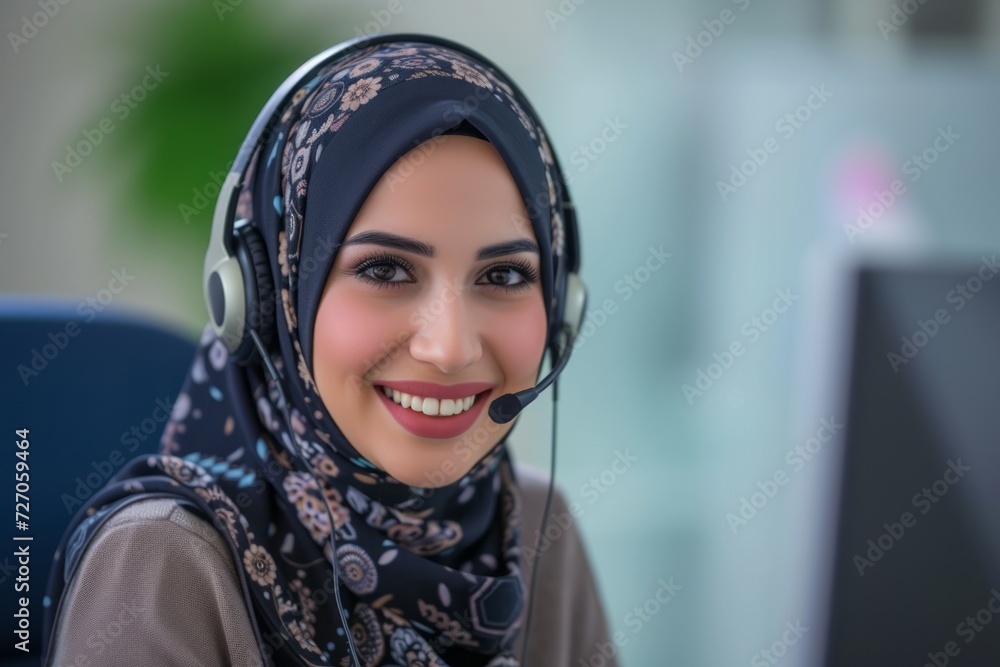 Muslim professional cute perfect girl working as telemarketing wearing a headset happily talking to her customer Muslim professional cute perfect girl working as telemarketing wearing a headset happily talking to her customer