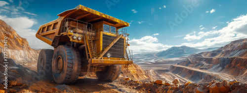 Massive Orange Haul Truck in Open Pit Mining Landscape, epic illustration 