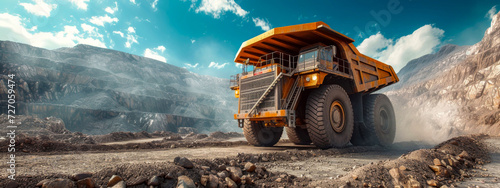Massive Orange Haul Truck in Open Pit Mining Landscape, epic illustration
 photo