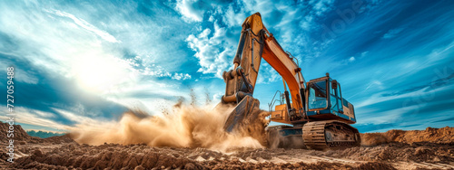 Hydraulic Excavator in Action at a Dusty Construction Site, epic illustration
 photo