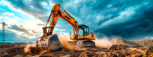 Hydraulic Excavator in Action at a Dusty Construction Site, epic illustration 