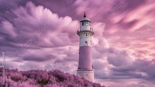 lighthouse on the background of clouds in lilac tones