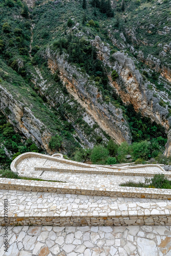 View of Kannoubine valley and stairway to Our Lady of Hamatoura orthodox monastery, Kousba, Lebanon photo