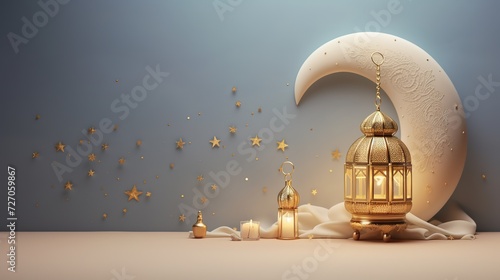 Ramadan Kareem or Eid Al Adha mubarak with gold crescent moon, bedug drum, lantern and cloud. Muslim Islamic festival. 3d rendering, generative ai, 