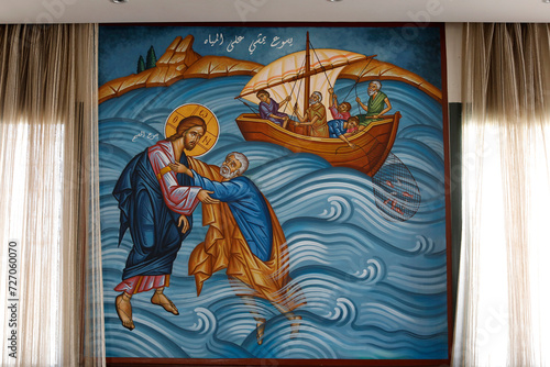 St Elie (Saint Elias) Greek orthodox church, Rabieh, Lebanon. Jesus walking on water and saving Saint Peter from drowning