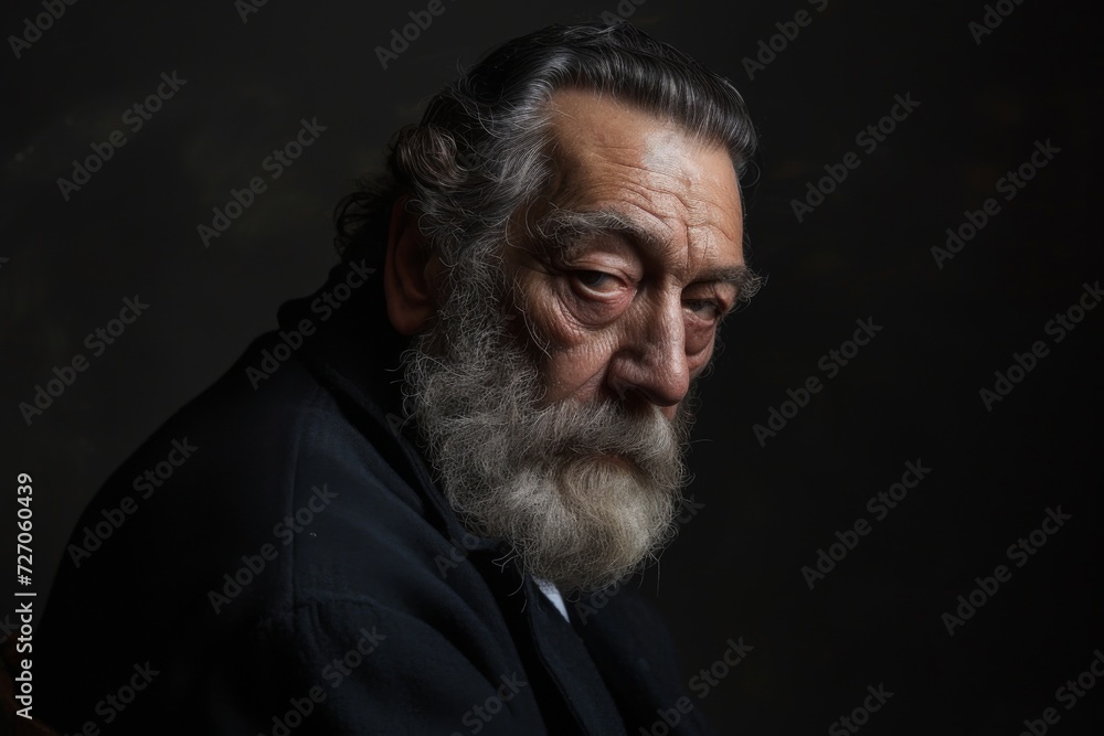 Intense Elderly Man with Beard in Dark Clothes Intense Elderly Man with Beard in Dark Clothes